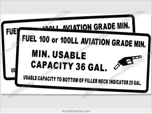 Piper 100/100LL fuel placard, set of two — 36-gallon capacity, exterior wing filler decals