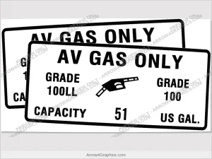 Piper 100/100LL fuel placard, set of two — 51-gallon capacity, exterior wing filler decals