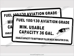 Piper 100/130 fuel placard, set of two — 36-gallon capacity, exterior wing filler decals