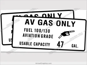 Piper 100/130 fuel placard, set of two — 47-gallon capacity, exterior wing filler decals
