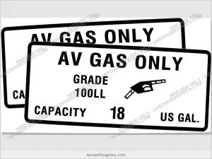 Piper 100LL fuel placard, set of two — 18-gallon capacity, exterior wing filler decals
