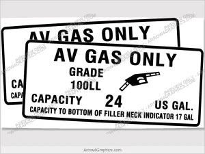 Piper 100LL fuel placard, set of two — 24-gallon capacity, exterior wing filler decals