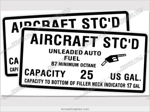 Piper auto fuel STC placard, set of two — 25-gallon, 87 minimum octane, exterior wing filler decals