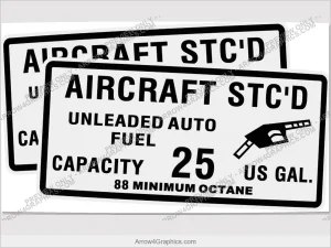 Piper auto fuel STC placard, set of two — 25-gallon, 88 minimum octane, exterior wing filler decals