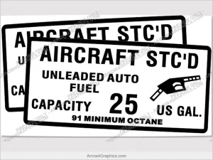 Piper auto fuel STC placard, set of two — 25-gallon, 91 minimum octane, exterior wing filler decals
