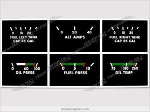 Piper Gauge Cluster Overlay, Style A - replacement instrument-cluster labeling overlay by Arrow Graphics.